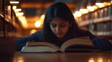 Indian Student Studying in a Library: A young Indian student focused on reading books in a well-lit library, representing dedication to education and learning.の素材