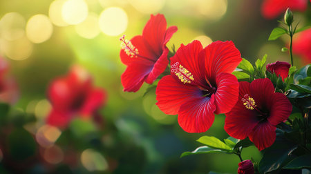 Hibiscus Flowers in a Garden: Vibrant red hibiscus flowers blooming in a garden, illustrating the tropical beauty and diversity of Indian flora.の素材