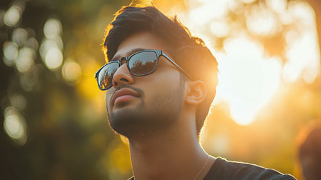 Indian Man with Sunglasses in a Sunny Setting: A close-up of an Indian man wearing sunglasses, enjoying a sunny day, showcasing his casual and cool demeanor.の素材