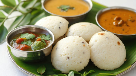 Idli and Vada on a Plate: Soft idlis and crispy vadas served with sambar and chutney, representing a typical South Indian breakfast.の素材