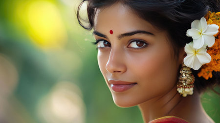 Indian Woman with a Flower in Her Hair: A close-up of an Indian woman with a flower tucked behind her ear, radiating natural charm and elegance.の素材