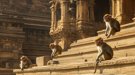 Monkeys Playing in an Indian Temple: Monkeys playing and interacting around the steps of an ancient Indian temple, illustrating the coexistence of wildlife and culture.の素材