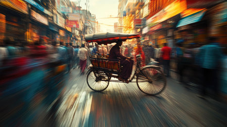 Rickshaw Puller on a Busy Street: A rickshaw puller navigating through the crowded streets of an Indian city, depicting the hustle and bustle of urban transportation.の素材