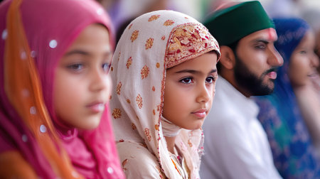 Muslim Family at Eid Prayers: A Muslim family in traditional attire attending Eid prayers at a mosque, highlighting the cultural diversity of India.の素材