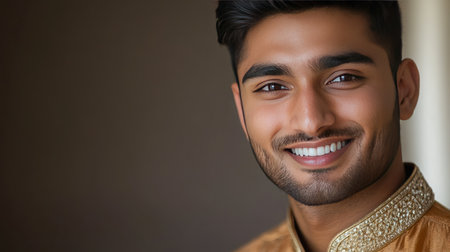 Portrait of a Handsome Indian Man in a Kurta: A close-up portrait of a handsome Indian man wearing a traditional kurta, with a confident smile and expressive eyes.の素材