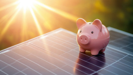 A pink piggy bank money box sitting on a solar panel, with rays of sunlight shining down, representing the concept of saving money through solar energy.の素材