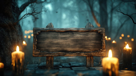 Empty Halloween sign made of aged wood, with a background of creepy forest trees and flickering candles, ready for customization.の素材