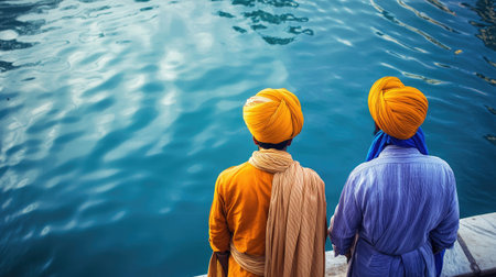 Sikh Men in Turbans at Golden Temple: Sikh men in vibrant turbans standing by the serene waters of the Golden Temple in Amritsar, reflecting spiritual devotion.の素材