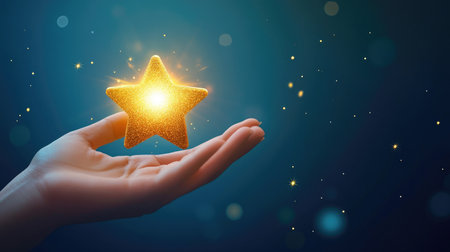 A hand holding a glowing gold star, representing high customer satisfaction and positive feedback, with a gradient blue background.の素材