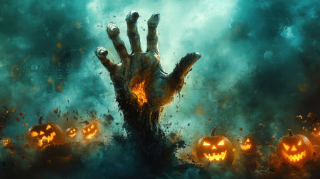 A terrifying zombie hand clawing its way out of the earth, surrounded by mist and dim, flickering jack-o'-lanterns, perfect for Halloween.の素材