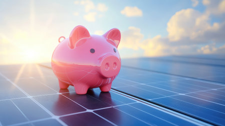 A piggy bank money box placed on a solar panel, with a backdrop of a blue sky and sun rays, symbolizing eco-friendly savings and renewable energy.の素材