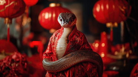 Elegantly dressed snake in a red traditional outfit, against a backdrop of red lanterns and Chinese decorations, highlighting the Year of the Snake theme.の素材