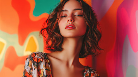 A young woman confidently posing against a vibrant abstract background of swirling colors and geometric shapes, expressing creativity and style.の素材