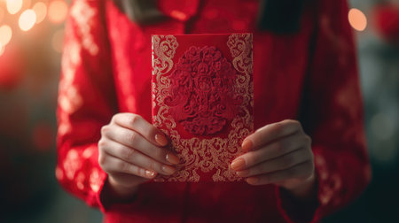 A person holding a classic red envelope with intricate designs, celebrating the Chinese New Year with the symbol of wealth and luck.の素材