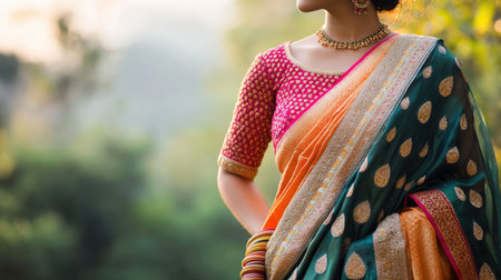 Woman in a Vibrant Sari at a Wedding: A woman wearing a vibrant sari with intricate embroidery, attending a traditional Indian wedding, showcasing the elegance of Indian attire.の素材