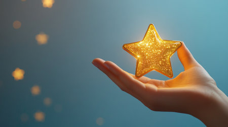 A hand holding a glowing gold star, representing high customer satisfaction and positive feedback, with a gradient blue background.の素材
