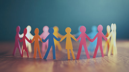 A group of paper people figures joining hands, forming a circle, symbolizing community, friendship, and teamwork in a colorful, cut-out style.の素材