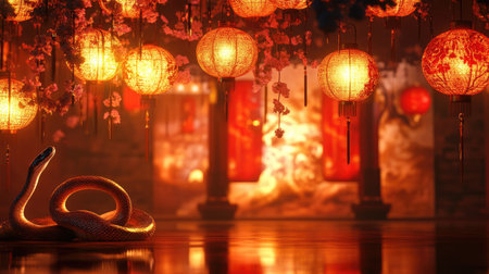 Chinese New Year scene with a snake elegantly positioned among hanging lanterns, with a backdrop of red and gold, symbolizing prosperity and good fortune.の素材