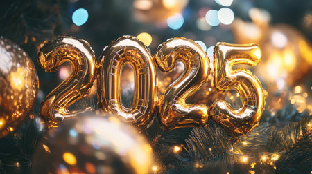 Gold foil balloons displaying "2025" in a close-up perspective, surrounded by festive decorations and lights for the New Year celebration.の素材