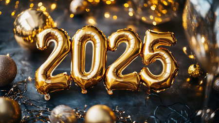 Gold foil balloons displaying "2025" in a close-up perspective, surrounded by festive decorations and lights for the New Year celebration.の素材