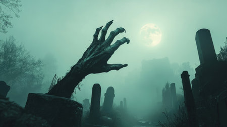 A gnarled zombie hand, emerging from a foggy graveyard, surrounded by tombstones and a full moon casting eerie shadows. Halloween night setting.の素材