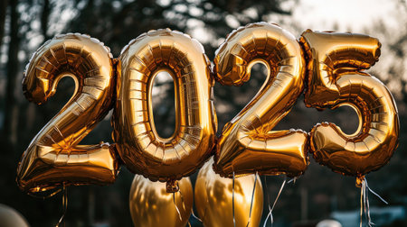 Detailed shot of gold balloons shaped as "2025" arranged to form a Happy New Year message, against a contrasting background.の素材