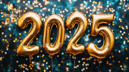 Close-up of gold foil balloons forming the numbers "2025" celebrating Happy New Year, with a festive and colorful background.の素材