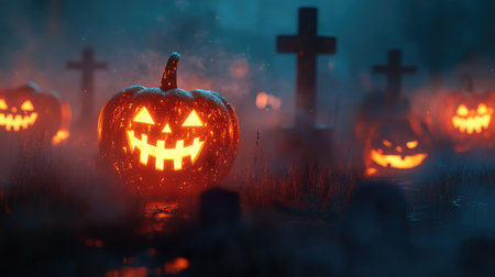 Eerie Halloween banner with glowing fire text and scary pumpkin faces, set in a graveyard scene with fog and shadows.の素材