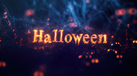 Fiery, glowing text of "Halloween" set on a banner with a Halloween-themed background of spooky eyes and cobwebs, enhancing the eerie atmosphere.の素材