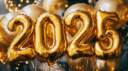 Focused view of gold foil balloons with "2025" printed on them, highlighting the excitement and festivity of the New Year in a close-up shotの素材