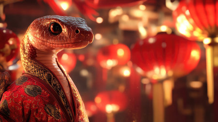 Elegantly dressed snake in a red traditional outfit, against a backdrop of red lanterns and Chinese decorations, highlighting the Year of the Snake theme.の素材