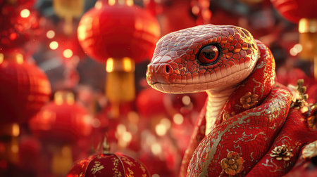 Elegantly dressed snake in a red traditional outfit, against a backdrop of red lanterns and Chinese decorations, highlighting the Year of the Snake theme.の素材