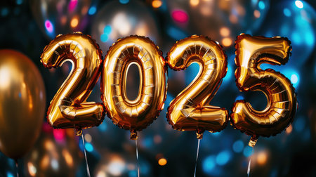 Close-up of gold foil balloons forming the numbers "2025" celebrating Happy New Year, with a festive and colorful background.の素材