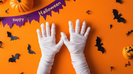Halloween hands wrapped in bandages, stretched out on an orange backdrop, with a "Happy Halloween" banner in eerie purple and black.の素材