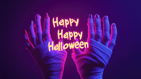 Halloween-themed image of hands wrapped in bandages like a mummy, against a deep purple backdrop, with "Happy Halloween" text in glowing letters.の素材