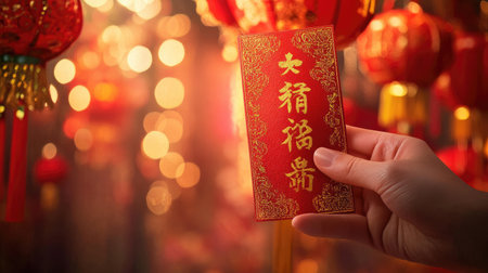 Person's hand presenting a traditional red envelope, adorned with golden Chinese characters, against a festive backdrop of lanterns and decorations.の素材