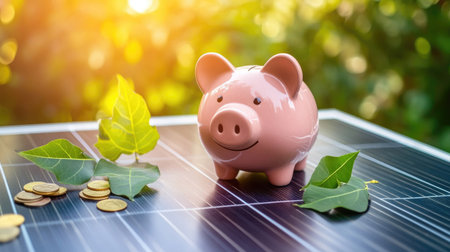 Piggy bank on a solar panel, with green leaves and coins around it, depicting the combination of solar energy and financial savings for a sustainable future.の素材
