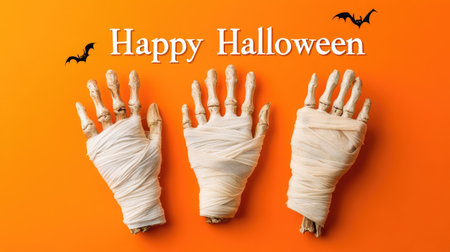Mummified Halloween hands wrapped in bandages, set on a vibrant orange backdrop, with a spooky "Happy Halloween" banner in bold letters.の素材
