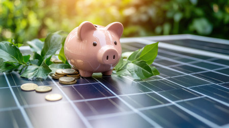 Piggy bank on a solar panel, with green leaves and coins around it, depicting the combination of solar energy and financial savings for a sustainable future.の素材