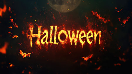 The word "Halloween" written in fiery, glowing text, set against a dark background with spooky elements like bats and a full moon, creating a chilling banner.の素材