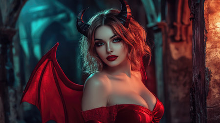 Portrait of a beautiful woman in a sexy devil costume, wearing red with devil horns, leaning on a dark, gothic background with dramatic lighting.の素材