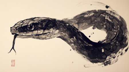 Minimalist Chinese-style snake painted in black brush on a white canvas, showcasing the simplicity and beauty of the art form.の素材