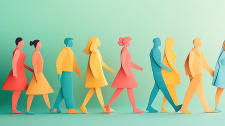 Illustration of paper people coming together in a line, showcasing the concept of community, connection, and support in a vibrant, artistic style.の素材