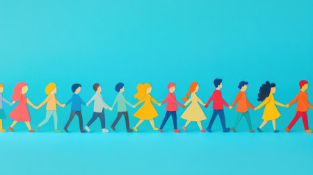 Illustration of paper people coming together in a line, showcasing the concept of community, connection, and support in a vibrant, artistic style.の素材