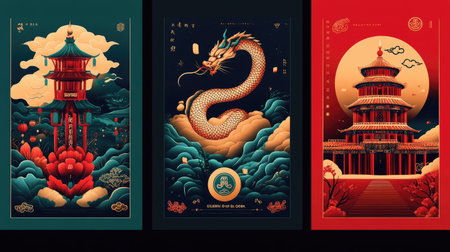 Set of Chinese New Year 2025 posters featuring the Year of the Snake, with different designs including traditional symbols and modern elements.の素材