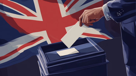 Illustration of a voter placing a ballot into a voting box, with the Union Jack flag waving in the background, highlighting the UK's electoral system.の素材