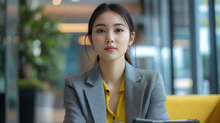 Professional woman, poised and ready, sitting in a reception area with a portfolio, waiting for her interview, showcasing career ambition and opportunity.の素材