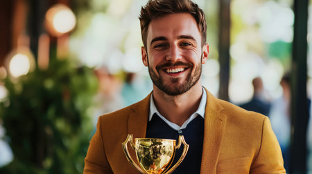 Successful businessman holding a gleaming gold trophy, with an expression of pride and satisfaction, capturing the moment of triumph.の素材