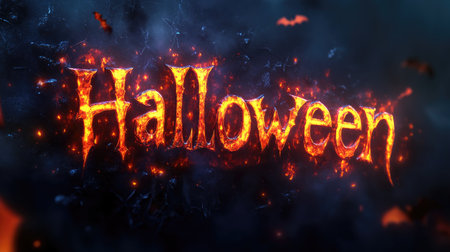 The word "Halloween" written in fiery, glowing text, set against a dark background with spooky elements like bats and a full moon, creating a chilling banner.の素材