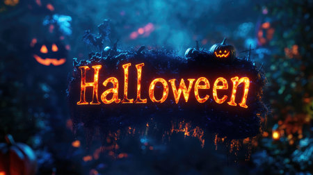 The word "Halloween" in vibrant fire text, featured on a banner with a background of dark, ominous skies and spooky decorations.の素材